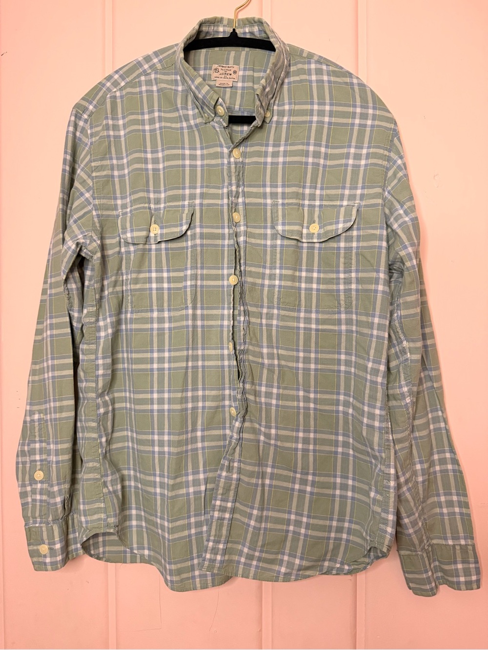 J. Crew 100% cotton Madras Green and White Plaid Button-Down Shirt szM